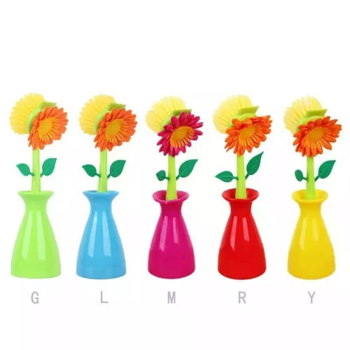 Multi-colored sunflower-shaped plastic dishwashing brush