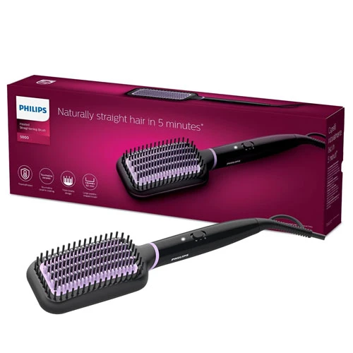 Philips Heated Straightening Brush Series 5000, 1000.0 Watts, Black, Pink